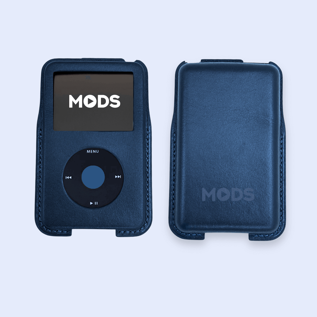 iPod Classic Italian leather case in dark blue.